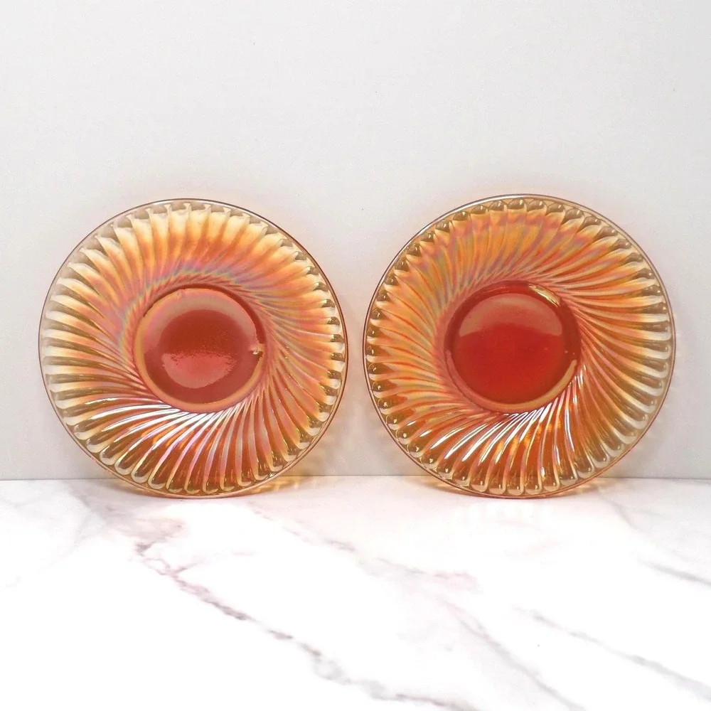 Vintage Irridescent Amber Carnival Glass Swirl Saucer, set of 2